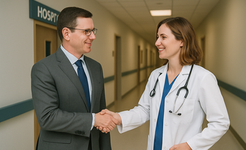 Bild zeigt Manager und Ärztin schütteln sich die Hand